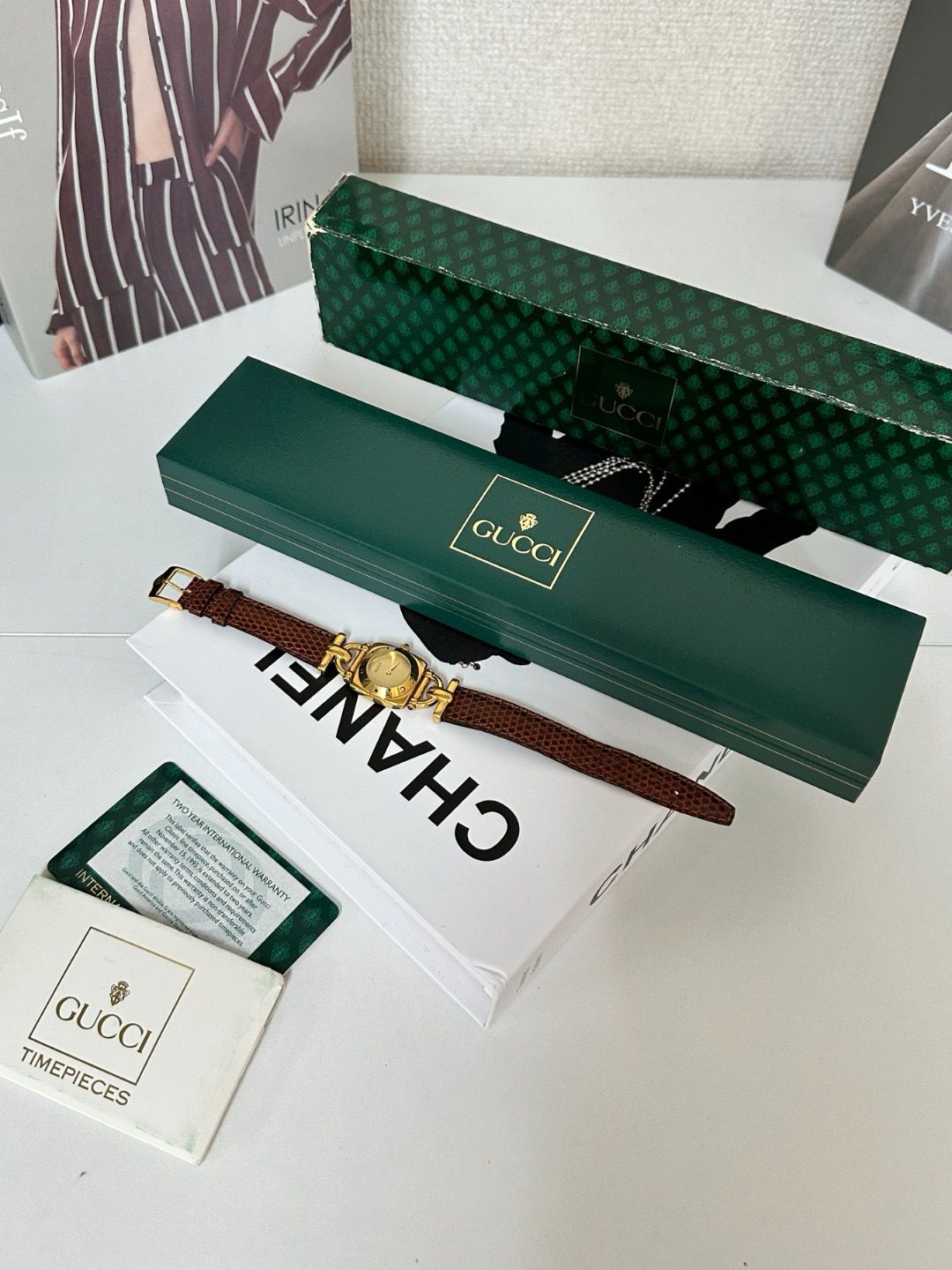 GUCCI Gold Dial GP Gold Plated Leather Strap 6300L Quartz Watch  / GUCCI 金色錶盤 GP鍍金 皮帶 6300L 石英手錶
size 22*27mm，14-17.5cm
$2480